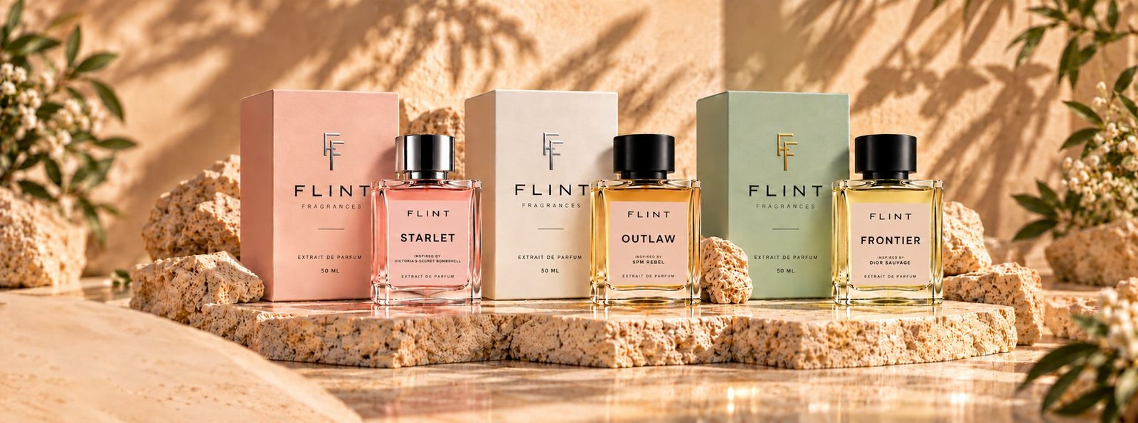 Flint Fragrances Extrait de Parfum collection on sunlit stone