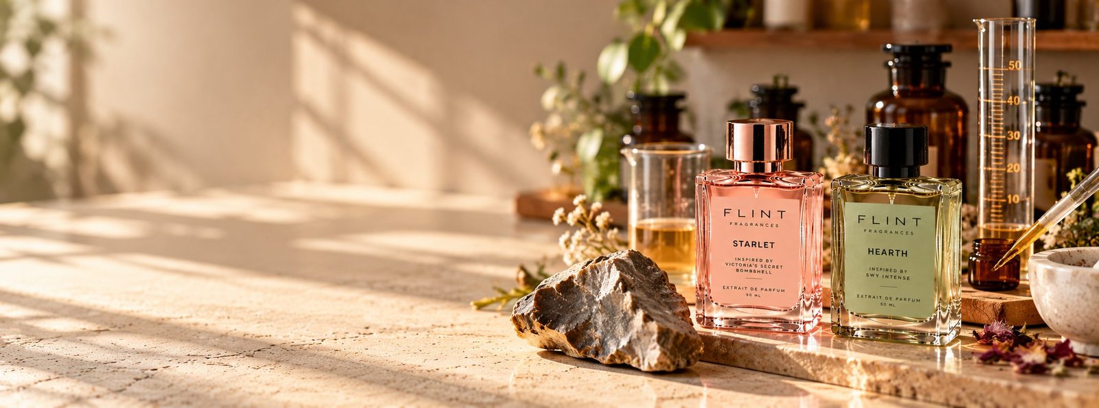 Flint Starlet and Hearth perfumes in a sunlit perfume atelier