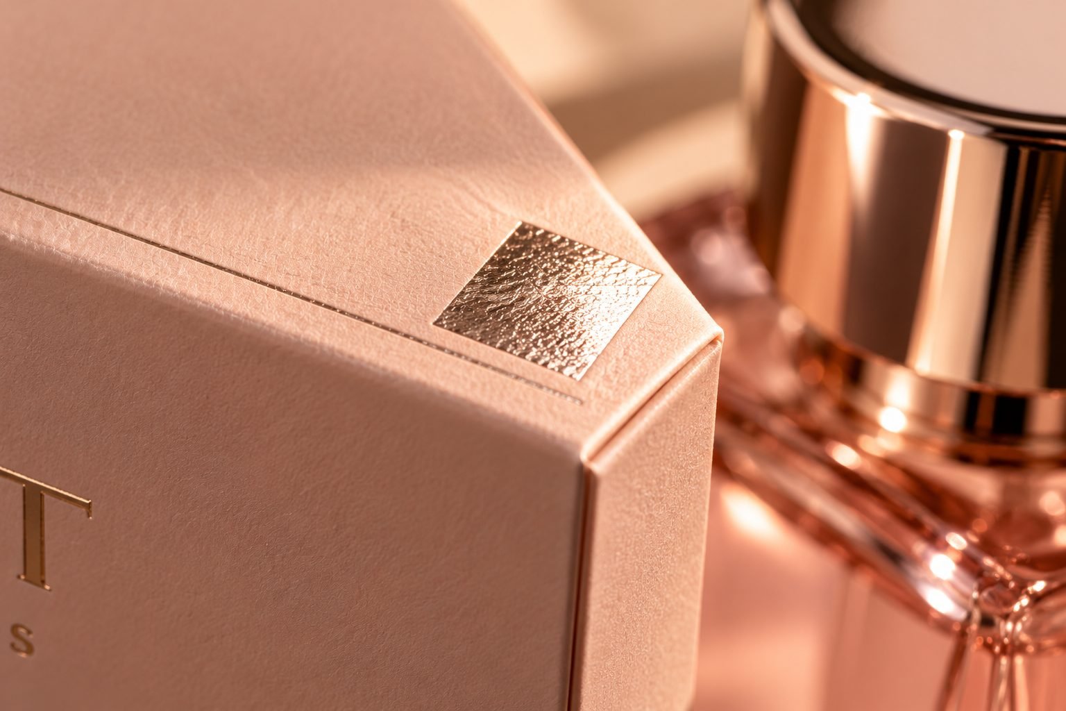 Close-up of the Flint blush perfume box and rose gold cap