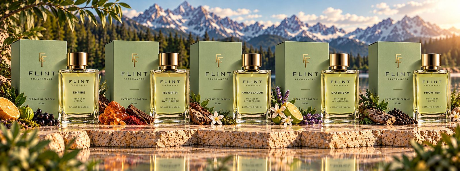Flint men's perfume collection with sage boxes
